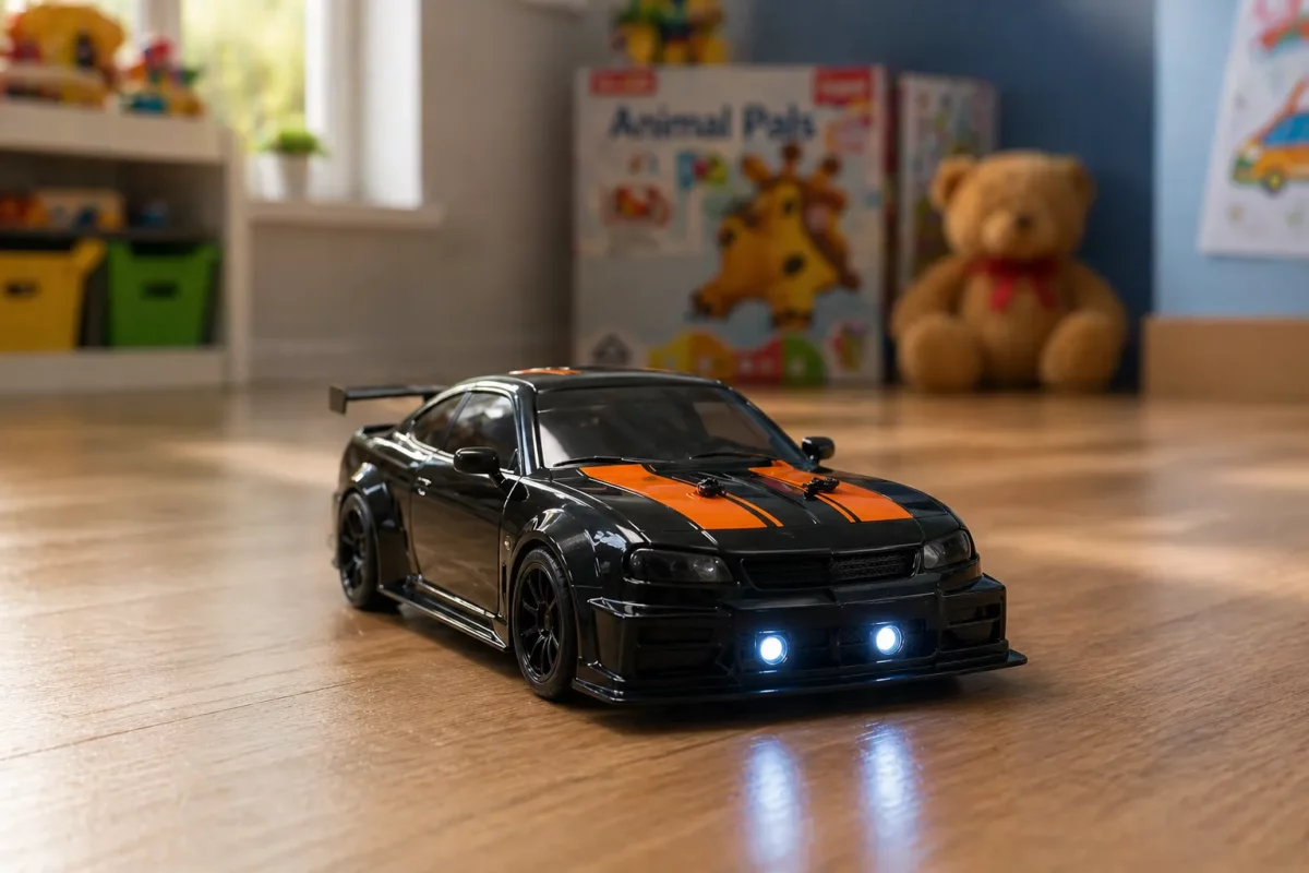 Black RC Racing Car with Orange Stripes